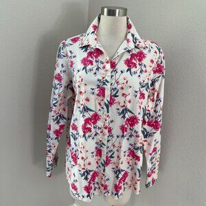 Lands End Womens 16 No Iron Supima Floral Button Up Shirt Long Sleeve Blouse